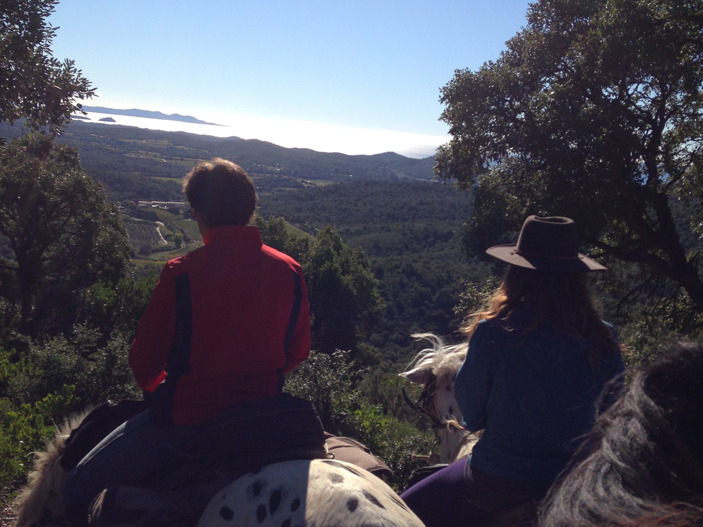 Cavaliers observant le panorama des collines de Pierrefeu avec la vue sur la mer au dernier plan